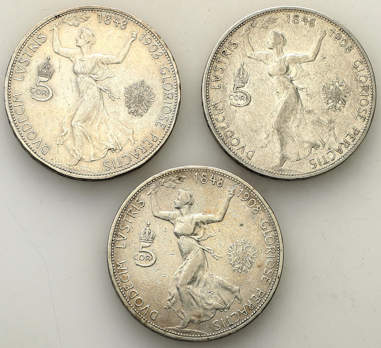 Austria, Franciszek Józef I. 5 koron 1908, Wiedeń, zestaw 3 monet